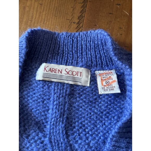 Karen Scott Blue Cable Knit V-neck Sweater Size Medium Angora Shoulder Pads - Picture 4 of 6